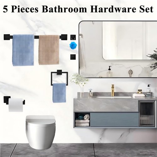 5PC HBVUQ WALL MOUNTED BATHROOM ACCESSORIES SET - BLACK image 2