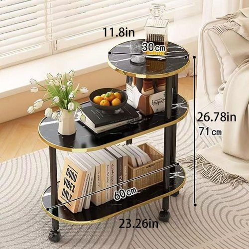 HBLUEFAT 3-TIER OVAL COFFEE TABLE WITH WHEELS - BLACK FAUX MARBLE/GOLD image 2