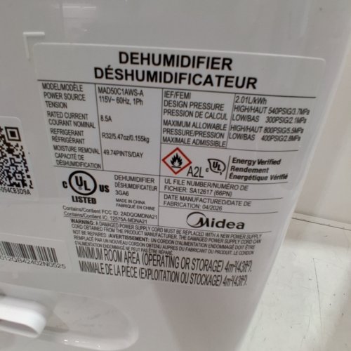 MIDEA EASYDRY DEHUMIDIFIER - 50 PINTS/DAY; 115 V; 8.5A - WHITE (MODEL: MAD50C1AWS-A) image 6