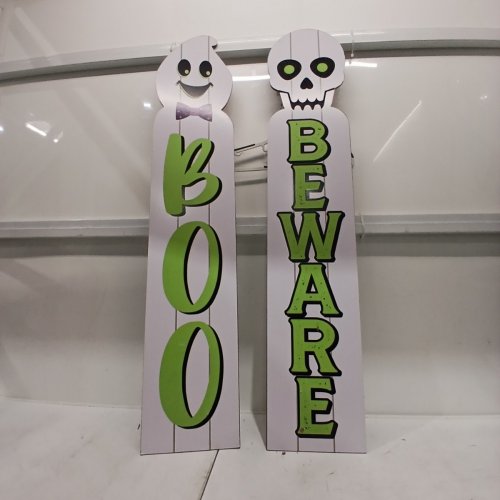 2PK REVERSIBLE FRENCH/ENGLISH DECORATIVE WOODEN HALLOWEEN PORCH SIGNS - 9.5" X 48" - WHITE GHOST AND SKELETON image 2