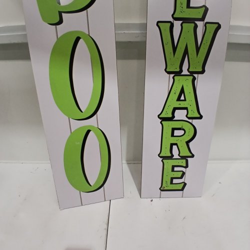 2PK REVERSIBLE FRENCH/ENGLISH DECORATIVE WOODEN HALLOWEEN PORCH SIGNS - 9.5" X 48" - WHITE GHOST AND SKELETON image 3