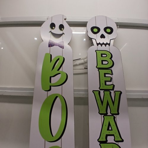 2PK REVERSIBLE FRENCH/ENGLISH DECORATIVE WOODEN HALLOWEEN PORCH SIGNS - 9.5" X 48" - WHITE GHOST AND SKELETON image 4
