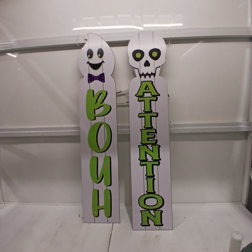 2PK REVERSIBLE FRENCH/ENGLISH DECORATIVE WOODEN HALLOWEEN PORCH SIGNS - 9.5" X 48" - WHITE GHOST AND SKELETON image 5
