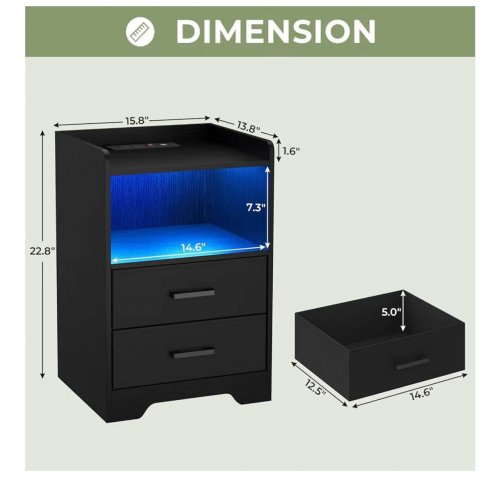 LED BEDSIDE NIGHTSTAND - 22.8" X 15.8" X 13.8" - BLACK (MODEL: AJ-DJ503114) image 2