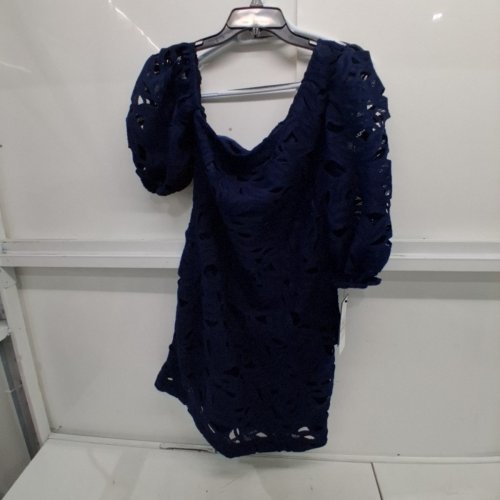 WOMEN'S BCBG OFF THE SHOULDER ASYMMETRICAL SHORT LACE PUFF SLEEVE DRESS - SIZE 12 - BLUE image 2