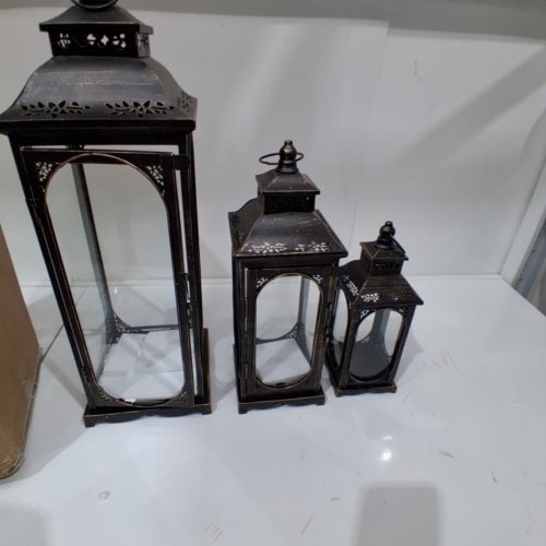 3PC TRIROCKS VINTAGE DECORATIVE METAL CANDLE LANTERNS - 19.5"/14"/10" - BRONZE/BROWN/BLACK (MODEL: 40325-BR) image 3