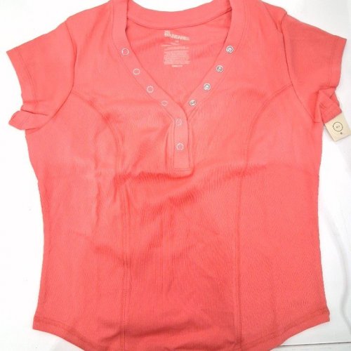 WOMEN'S NO BOUNDARIES RIBBED SHORT SLEEVE HENLEY TOP - LARGE - CORAL (STYLE: NBS1076LD) image 2