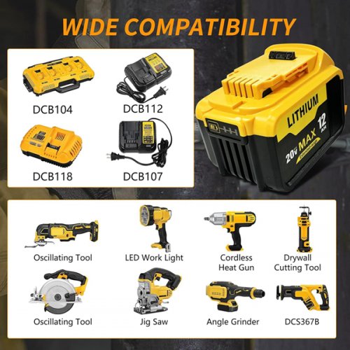 2pk Replacement Lithium BATTERIES FOR POWER TOOLS - Compatible with Dewalt 20v, 12.0Ah - YELLOW (MODEL: dcb212) image 2