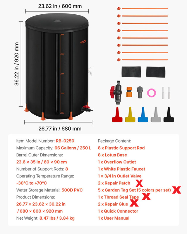 collapsible portable rain barrel - 66 gal - black/orange (model: rb-0250) image 2