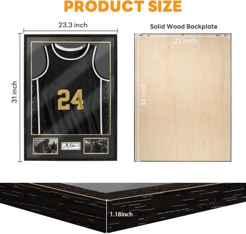 Jersey Frame Display Case shadow box with 98% uv protection acrylic and two photo frame and signature - 30" x 22" - black/gold image 3