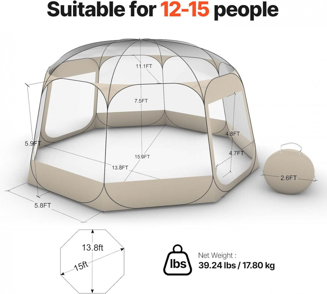 pop up bubble tent with waterproof top cover - 15ft x 7FT, fits up to 15 people - beige - (model: 121088) image 4
