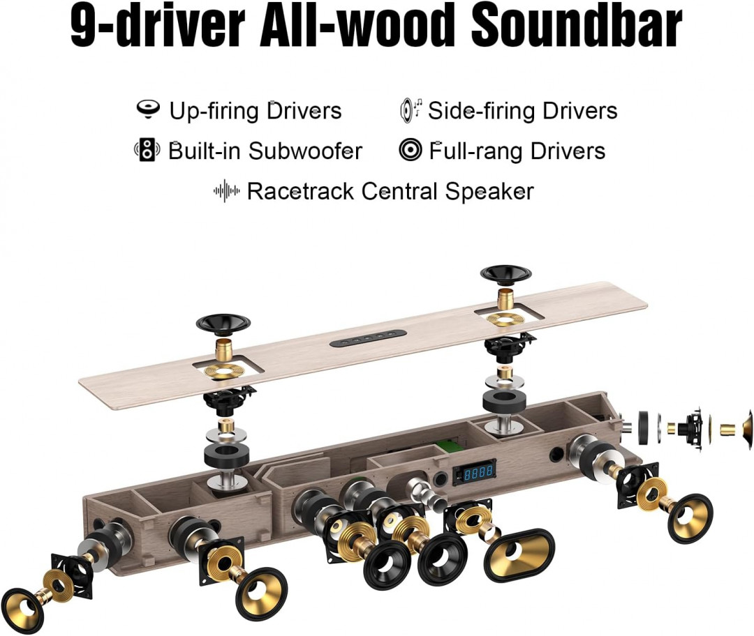 Hiwill Dolby Atmos bluetooth All-In-One Wooden sound bar with dual built-in subwoofer - 5.2.2ch - 33" (Model: WoNoble A502) image 4