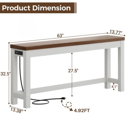 aheaplus narrow wooden console table with charging station - 63" x 14" x 32" - white/walnut - (model: BBY-CS-CT-63-COW) image 2