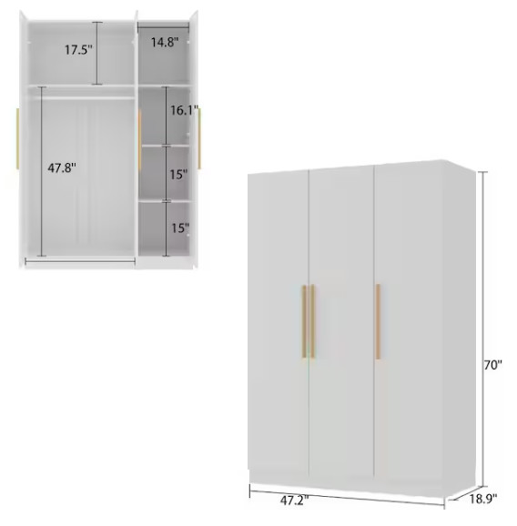 FUFA&GAGA 3-DOOR ARMOIRE WARDROBE WITH HANGING ROD & STORAGE SHELVES - 47.2" X 18.9" X 70" - WHITE (MODEL: KF210151CA-03LJ-001) image 2