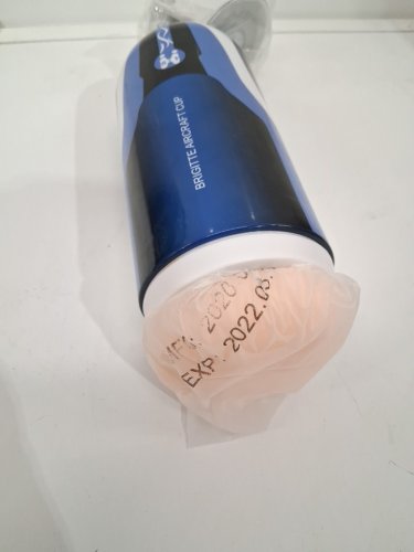 brigette aircraft pocket pussy cup with shower suction cup and vibrator - 7" - blue/white image 3
