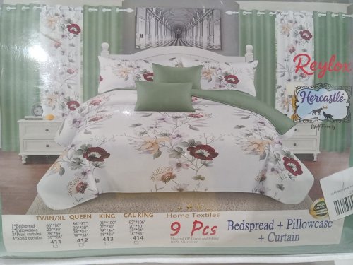 9pc REYLOX VINTAGE bedspread, pillowcase and curtain bedroom set - QUEEN- FLORAL GREEN image 3