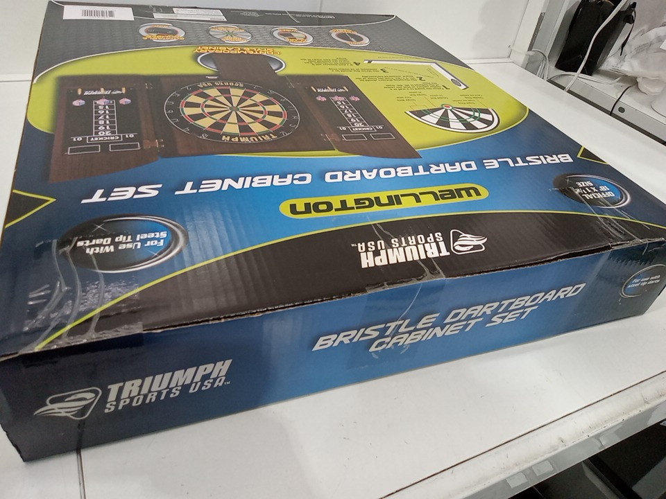 Triumph Sports USA Wellington Bristle Dartboard Cabinet Set with 2 sets of steel-tip darts, 2 built-in scoreboards and dart holders - 18" x 1-1/2" - brown wood (Model: 18-2007) image 3