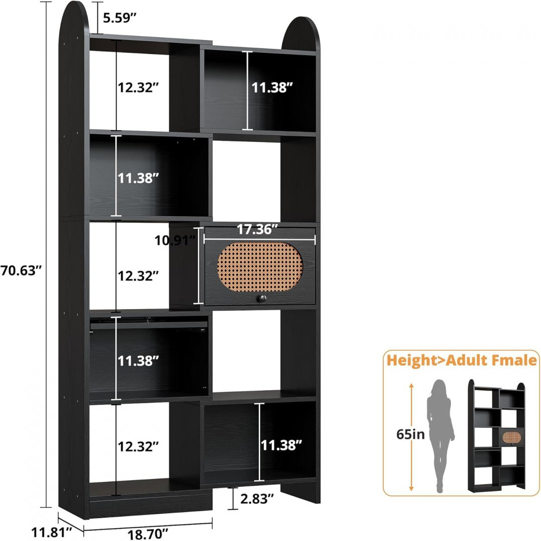 IRONCK 6 Tier Bookshelf and Bookcase with 2 Rattan Design Flip-top Storage With 8 Bookshelves - 70" x 36" - Black (Model# HK-CWG-18H) image 2