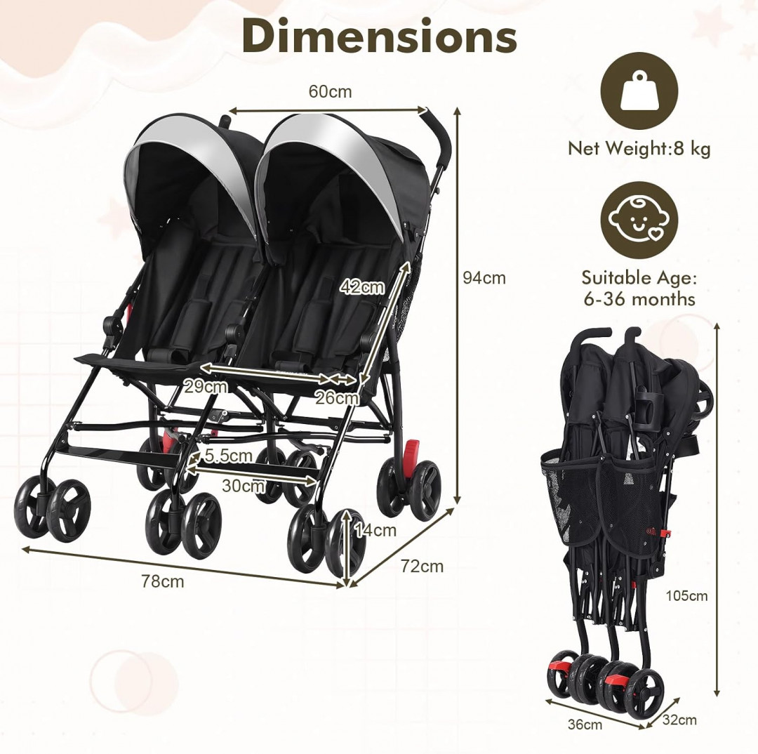 BABY JOY Double Twin Stroller With Cupholder - Black (Model: 303) image 3