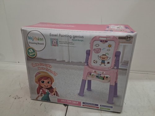 Double Sided Adjustable Kids Art Easel with Magnetic White Board, Chalk Board Stand 34"-26" - purple/pink/beige image 2