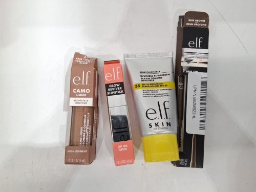 4 assorted elf makeup products - assorted  sizes, types and uses - sunscreen / lipstick / bronzer & contour / brow pencil image 2