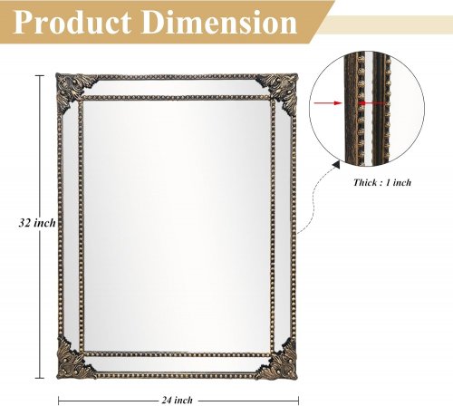 Growsun Vintage Rectangular Decorative Wall Mirror with Antique Carved Frame - 24" X 32" - black (MODEL: DSTH-24X32-b) image 2