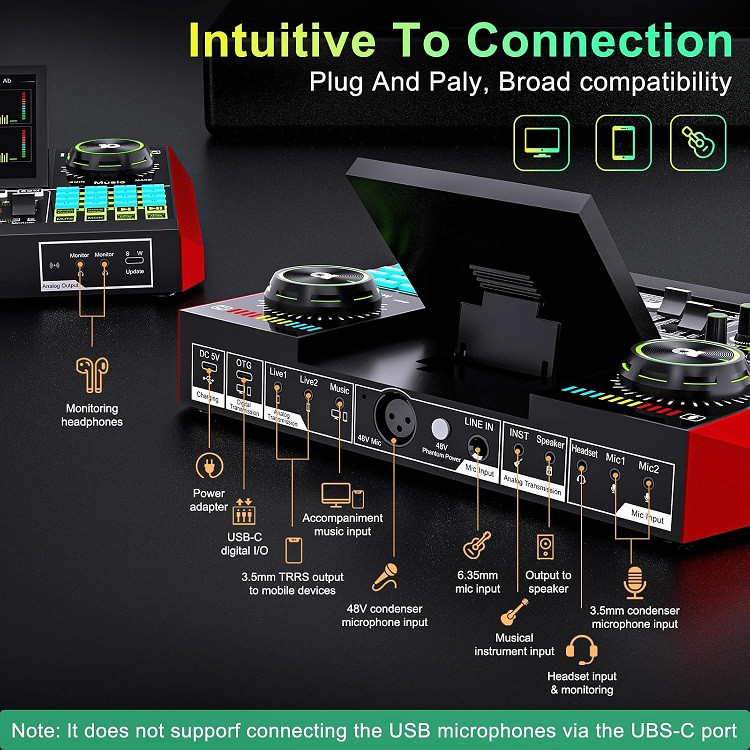 Tenlamp Live Sound Card Gaming Audio Mixer Sound Board - 48v phantom power (Model: G10) image 2