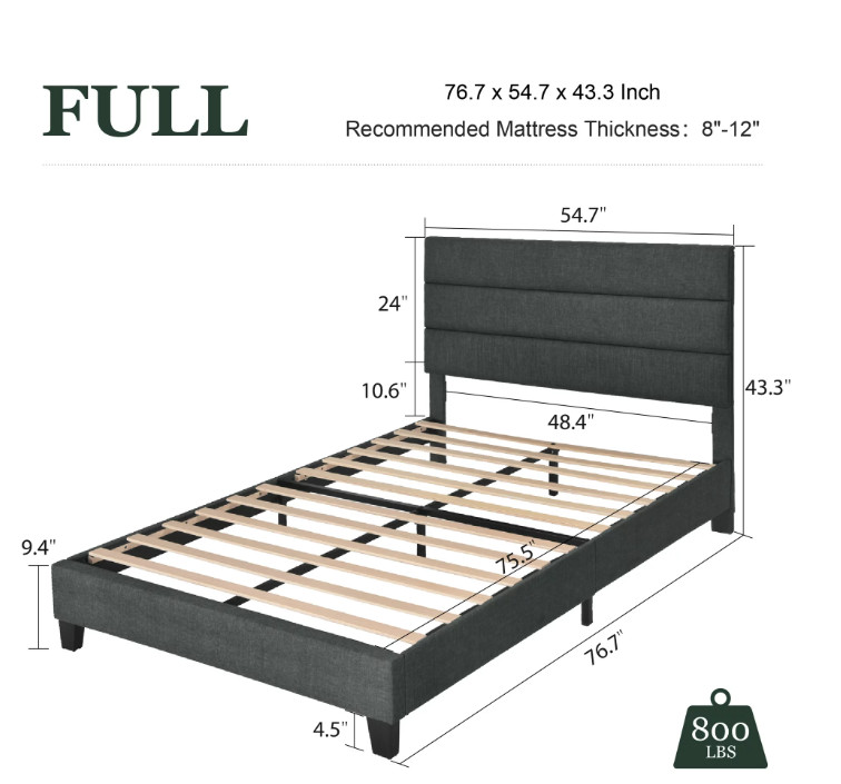 Amolife Platform Bed Frame with Fabric Upholstered Headboard - dark Grey - Full (Model: KMLL001) image 2