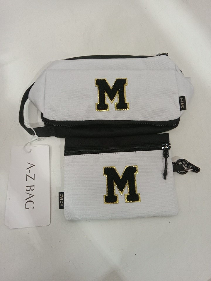 2pc A-Z BAG Travel Toiletry/MAKEUP bag With rfid - bold letter M - white/black image 4