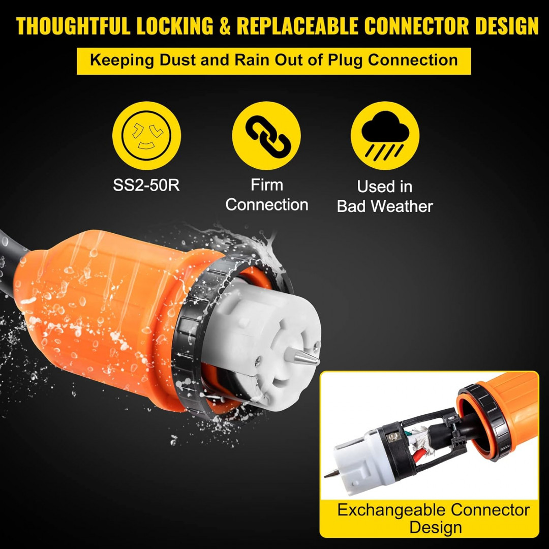 VEVOR 10FT Generator Power Cord - 125/250V, 50AMP, 12000W, SS2-50R & SS2-50P Compatible, Heavy-Duty Extension Cord with Portable Strap - black / orange image 3