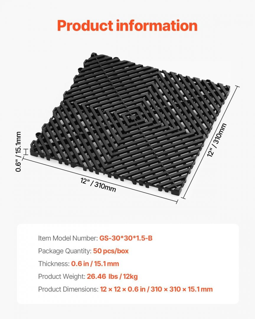 50pk Modular Interlocking Drainage Mats - 12" x 12" - black (model: 30*30*1.5cm-b) image 2