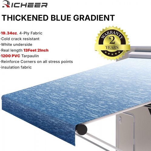 Richeer Waterproof RV Awning Fabric Replacement for 14ft Awnings - 13ft 2" - blue image 2