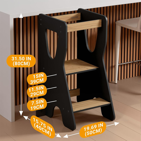 COSYLAND Toddler Adjustable Height Wooden Sturdy Kitchen Step Stool - 31" - natural/grey (model: CS000177-5-CA) image 4
