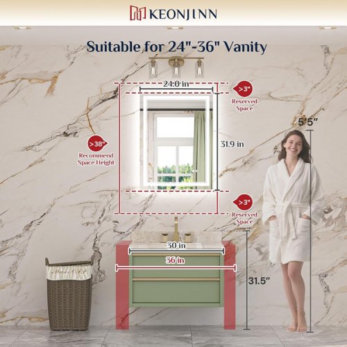 KEONJINN Bathroom LED Mirror Anti-Fog Horizontal/Vertical - 32" X 24" - WHITE image 2