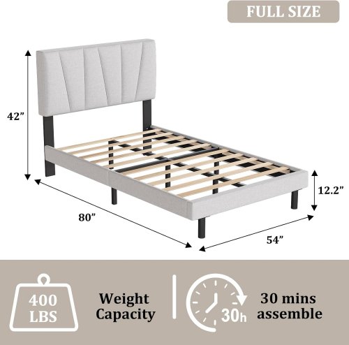 Shelvory Full Bed Frame with Cream Linen Headboard no box spring needed - 400lb max capacity - off white image 2