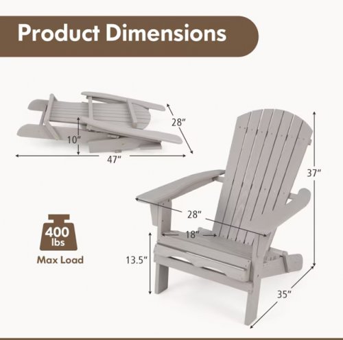 2PK costway wooden Folding Adirondack Chair - 400lbs max - Grey (Model: NP11799HS-2) image 2