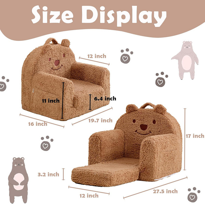 KISDSA 2-IN-1 FLIP OUT KID'S CHAIR SOFA COMBO, CONVERTIBLE READING CHAIR - 20" - BROWN BEAR, SHERPA image 2