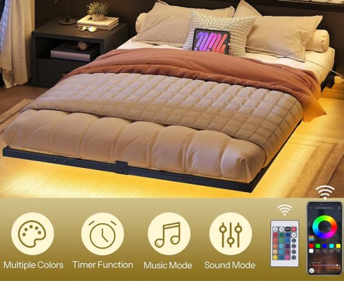 hoobro floating bed frame with charging station & LED lights - queen - black/multicoloured (model : bk55udbf01) image 2