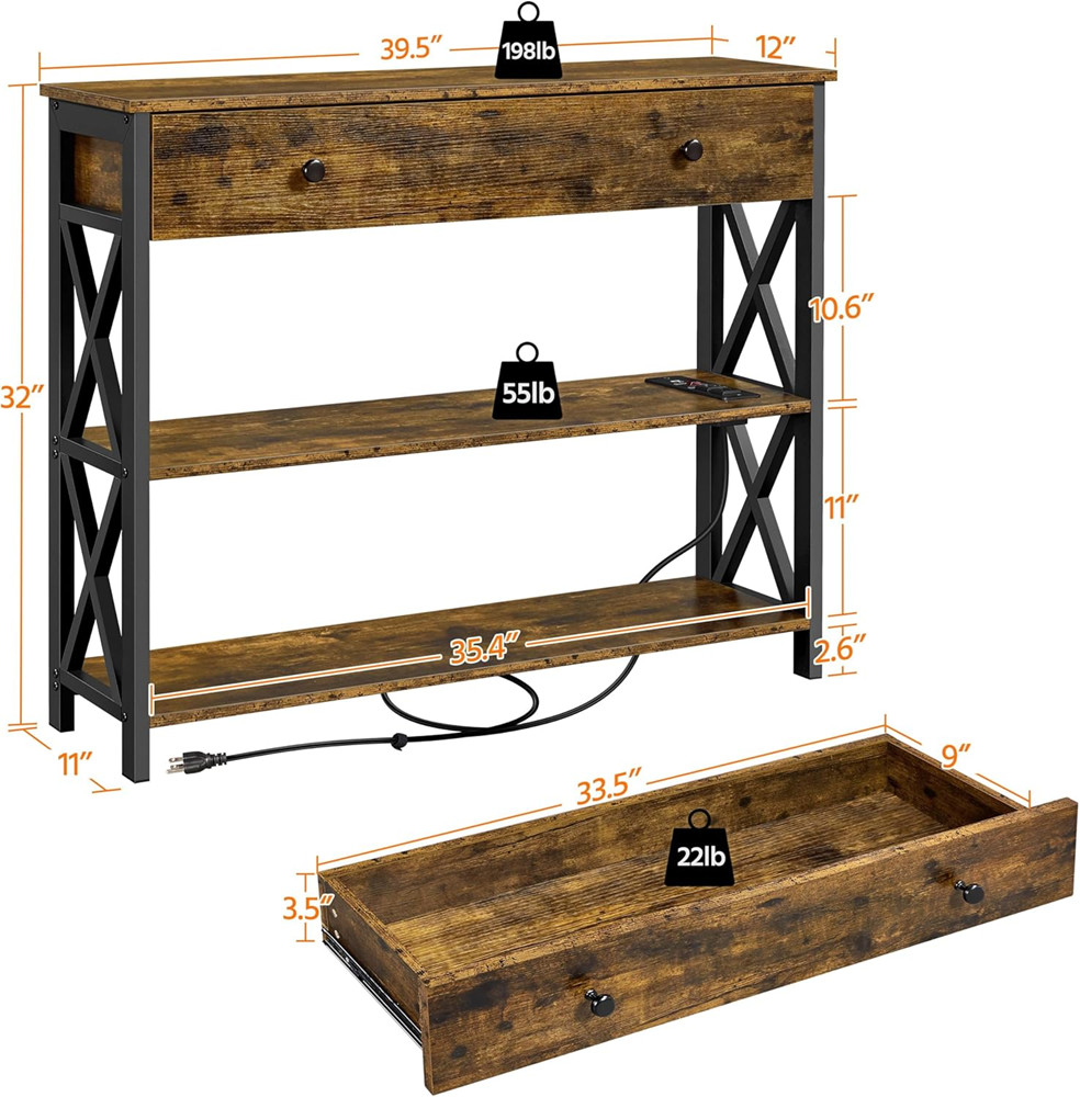 Yaheetech Console Table with Power Outlets and USB Ports - 39.5" x 32" x 11" - rustic brown (Model:613768) image 2