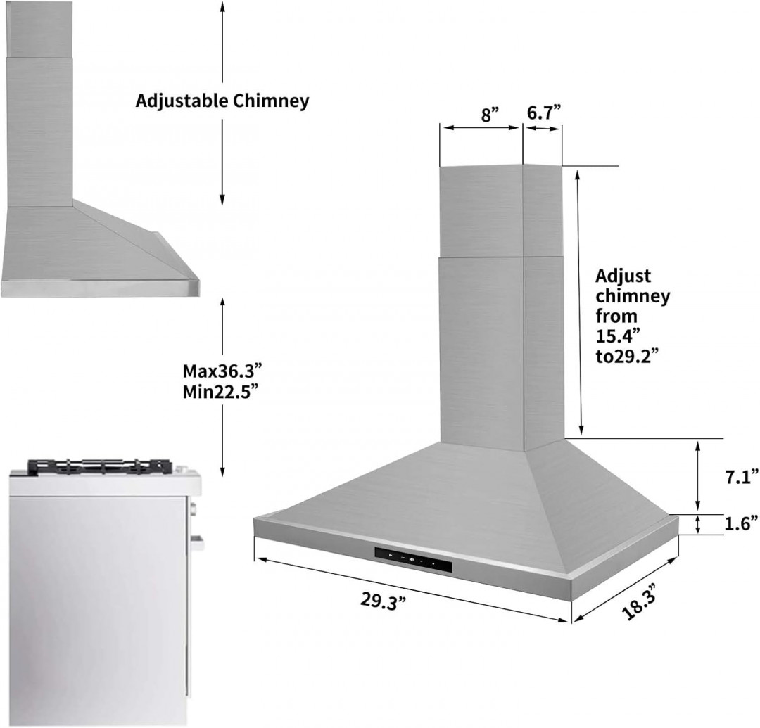 tieasy under cabinet stainless steel range hood with led light baffle filters & 3-speed exhaust fan - 30'' - 450cfm - stainless steel (model: td1775y-cc-i1) image 2
