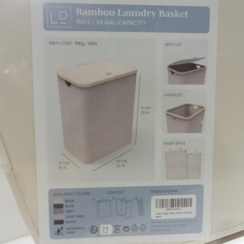 LONBET Double slot Laundry Basket with Lid and Sturdy Bamboo Frame - 150L - Beige image 3