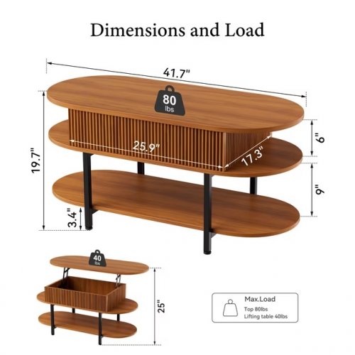 GUNAITO Lift Top Coffee Table with 2 Tier Storage Shelf - 41" - Brown image 2