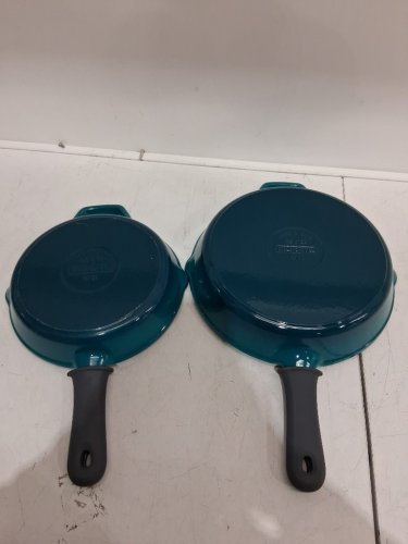 2PC TRAMONTINA ENAMELED CAST IRON SKILLETS with grip handles - 10" & 12" -TEAL (MODEL: 1529471) image 4