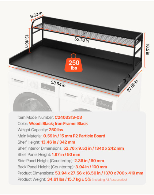 Washer and Dryer Countertop with Shelf - 54" x 27" - black (model: C240331S-03) image 2