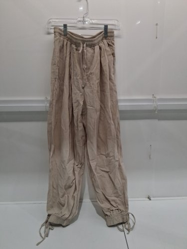 womens crinkled elastic waist pants-medium-beige image 2