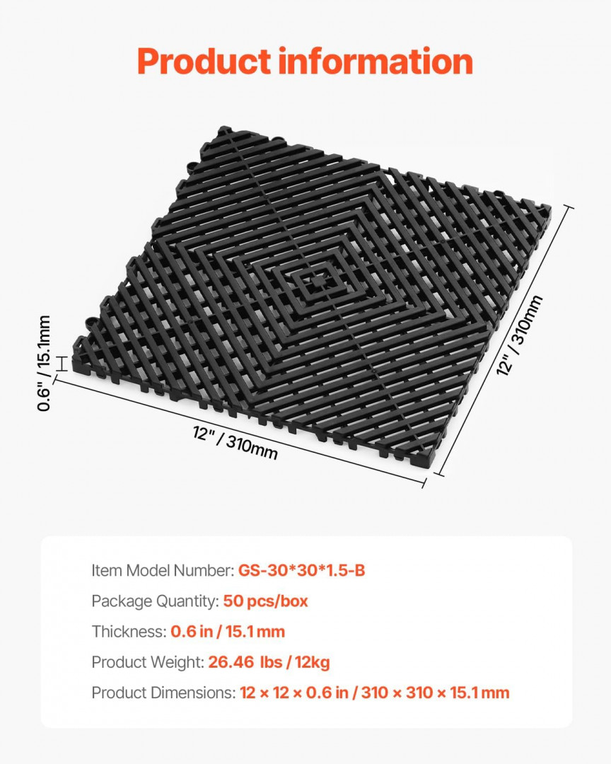 55pk soft pvc modular interlocking drainage floor tile mats - 12" x 12" - black (model: gs-30*30*1.5-b) image 2