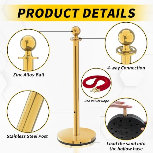 8pc SHAREWIN Waterproof and Rustproof stainless steel stanchions crowd control barriers with a velvet rope -gold/red (model: 8PGD116181B) image 2