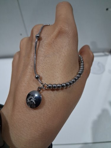 beaded chain "أُخْتي: Ukhty/sister" round charm bracelet - 7" - 8"/12mm charm - silver image 4