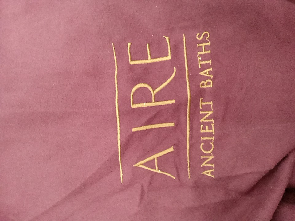 Tucantex Custom Hooded Bathrobe with "AIRE Ancient Baths" Logo - Large - Burgundy image 3