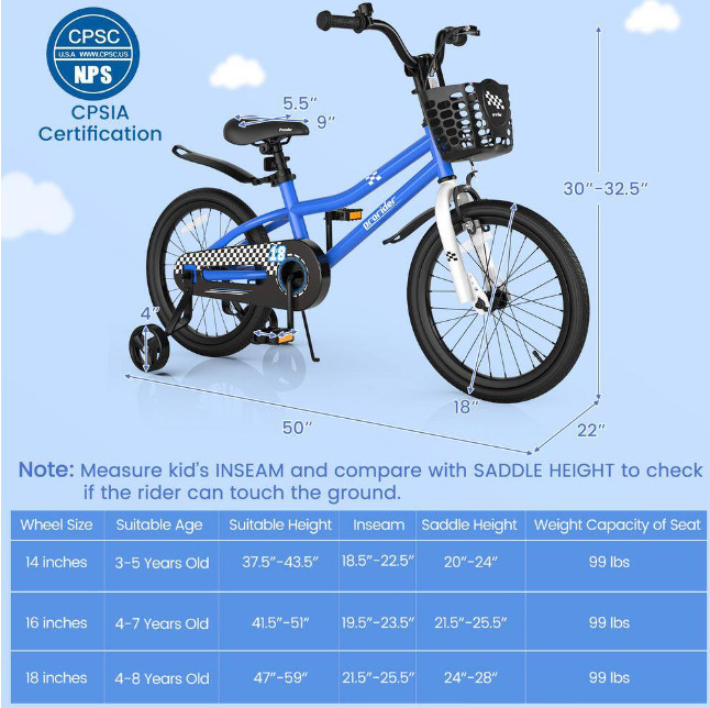 COSTWAY Kids Bicycle Bike with Removable Training Wheels and Basket - 16" - BLUE (MODEL:TS10085NY-16) image 2